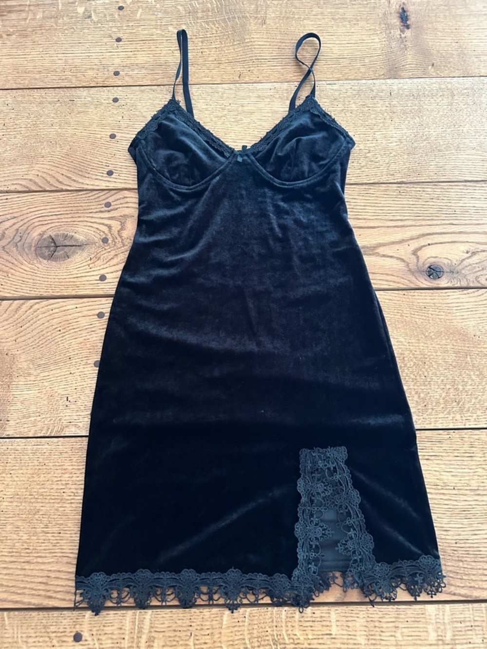 Black Velvet Lace-Trim Slip Dress